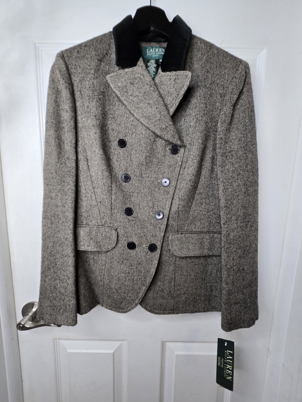 NWT Lauren Ralph Lauren Black Cream Herringbone Wool Velvet Collar Blazer 10P